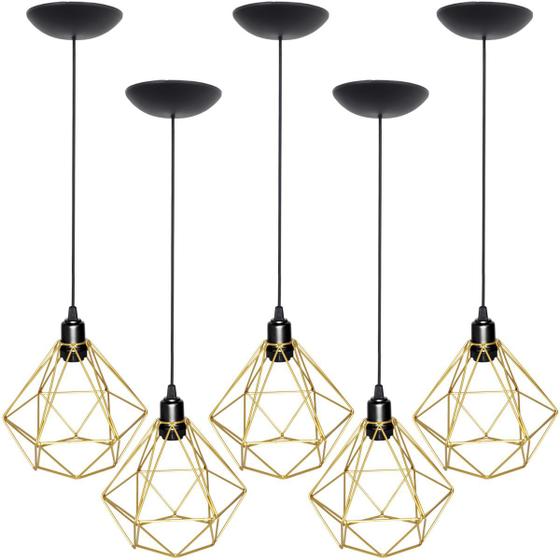 Imagem de 5 Pendentes Aramado Diamante Luminária Lustre P Teto Retrô Vintage Industrial Balcão Dourado