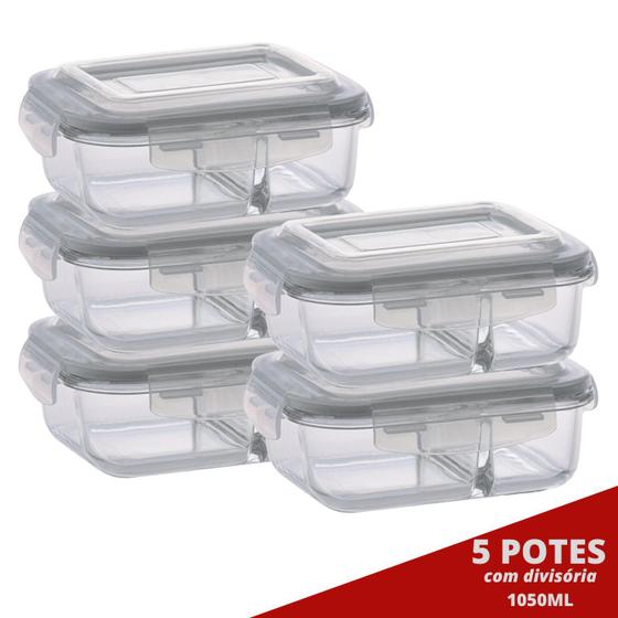 Imagem de 5 Pote Retangular 1040ML c/ Divisória e Tampa Marmita Lancheira