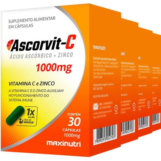 Imagem de 5 Potes Ascorvit-C Vitamina C 1000mg com Zinco 30 Cápsulas Maxinutri