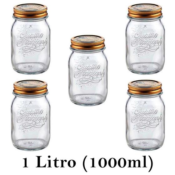 Imagem de 5 Potes Quattro Stagioni 1 Litro (1000ml) de vidro com fechamento hermético Bormioli Rocco para conservação de alimentos