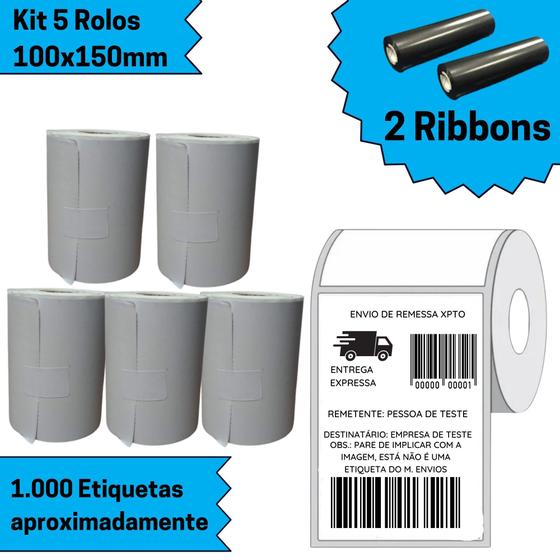 Imagem de 5 Rolos Etiqueta Couche 10x15 100x150 + 2 Ribbons Zebra Kit