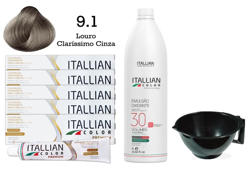 Imagem de 5 Un Coloração 9.1 Louro Claríssimo Cinza + Oxi 30 1l  Itallian Color
