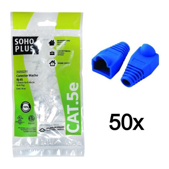 Imagem de 50 Conector RJ45 SohoPlus Cat5e +50 Capa Boot Snap Azul