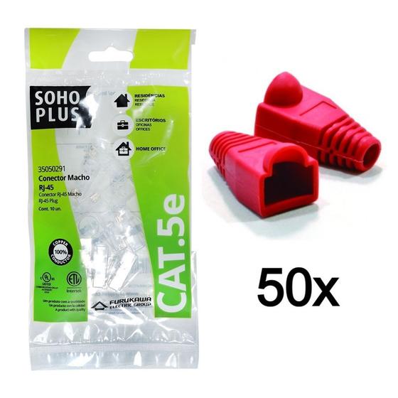 Imagem de 50 Conector RJ45 SohoPlus Cat5e +50 Capa Boot Snap Vermelha