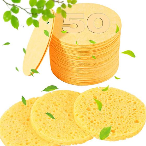 Imagem de 50-Count Esponjas Faciais Compactadas para Estéticos- Esponja facial 100% natural Esponja profissional spa esponja para limpeza facial, massagem, esfoliação poros, máscara, remoção de maquiagem (amarelo)