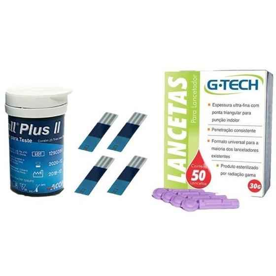 Imagem de 50 Fitas Tiras On Call Plus 2 e 50 Lancetas G Tech 30 G