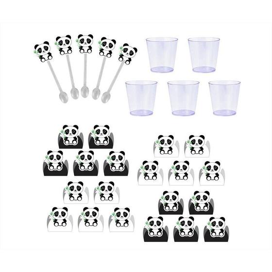 Imagem de 50 forminhas, 50 mini colheres Panda (preto e branco) + 50 copinhos