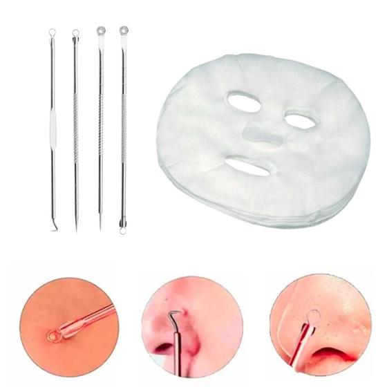 Imagem de 50 Máscara Desidratada Limpeza Facial + Kit 4 Curetas Cravos