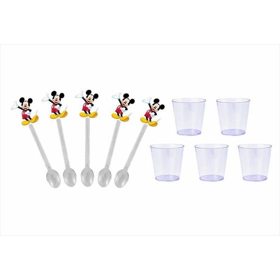 Imagem de 50 Mini Colheres Mickey + 50 copinhos transparente 25 ml