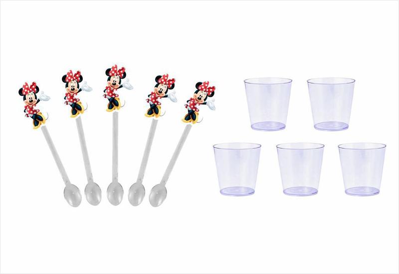 Imagem de 50 Mini Colheres Minnie vermelha + 50 copinhos transparente 25 ml