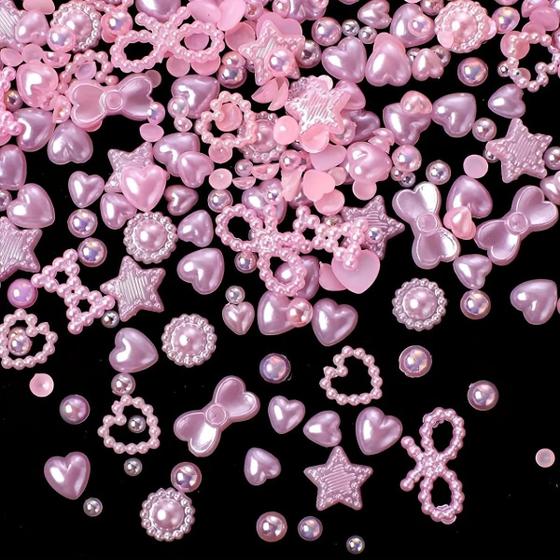 Imagem de 50 Peças de Amuletos 3D para Unhas - Pérolas com Formas Variadas (Coração, Estrela, Arco)