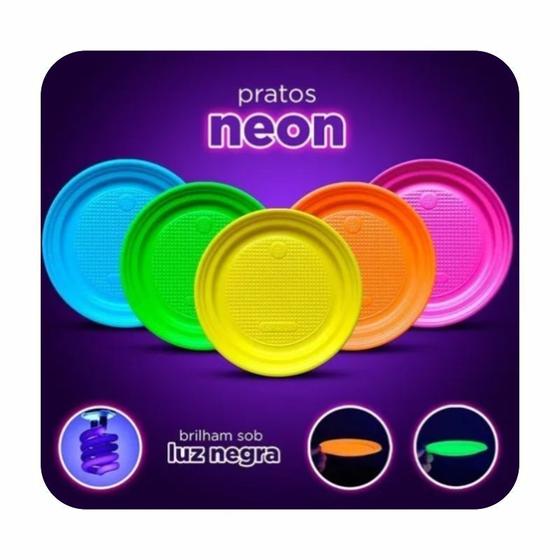 Imagem de 50 Pratinhos Neon Prato Neon 15cm Brilha na Luz Negra 6 Opções de Cores