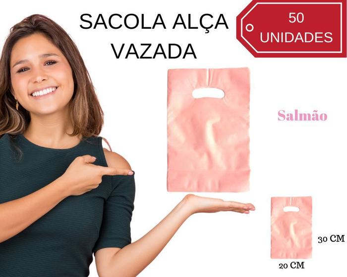 Imagem de 50 Sacola Plástica Alça Vazada Boca de Palhaço Medida 20x30