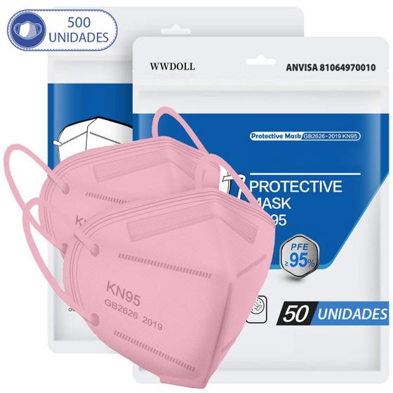 Imagem de 500 Máscaras Descartáveis KN95 WWDoll 5 Camada Anvisa Rosa