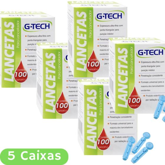 Imagem de 500Un Lancetas 5 caixas G-tech Agulha 30g Punção Controle Glicose Diabetes Glicemia Amostra Sangue