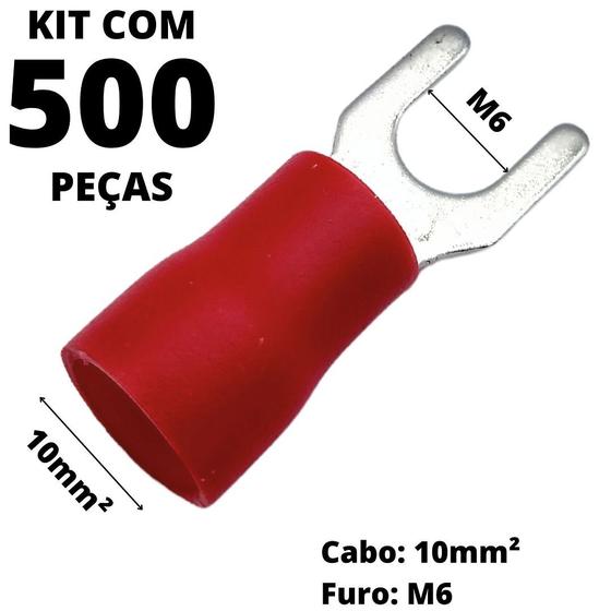 Imagem de 500un Terminal Forquilha Garfo Pré-Isolado Vermelho Para Cabo 10mm² M6 SV10-6