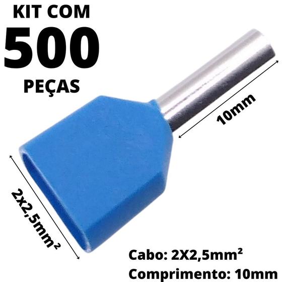 Imagem de 500un Terminal Tubular Ilhós Pré-isolado Duplo Para Cabo de 2,5mm² Metal 10mm Azul TE2510