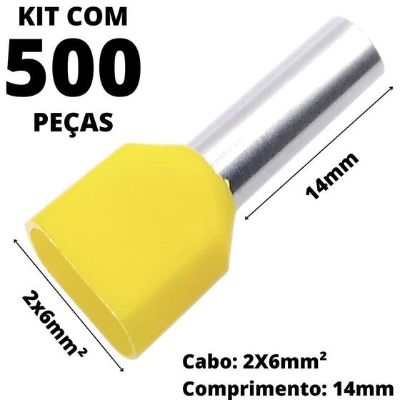 Imagem de 500un Terminal Tubular Ilhós Pré-isolado Duplo Para Cabo de 6,0mm² Metal 14mm Amarelo TE6014