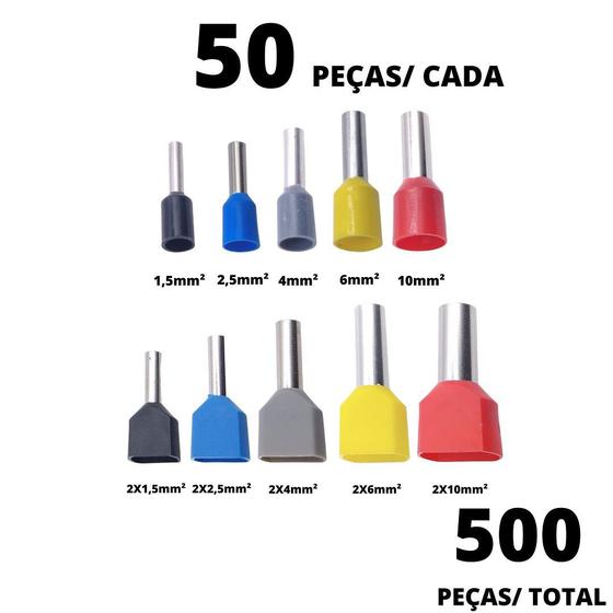 Imagem de 500un Terminal Tubular Ilhós Pré-isolado Simples e Duplo de 1,5mm² a 10mm²