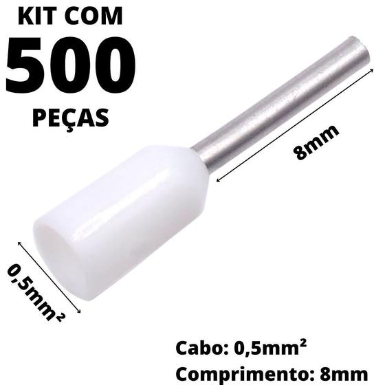 Imagem de 500un Terminal Tubular Ilhós Pré-isolado Simples Para Cabo de 0,50mm² Metal 8mm Branco E0508