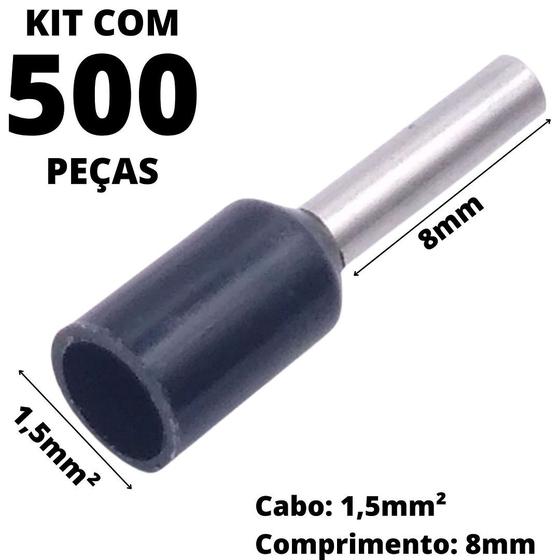 Imagem de 500un Terminal Tubular Ilhós Pré-isolado Simples Para Cabo de 1,5mm² Metal 8mm Preto E1508