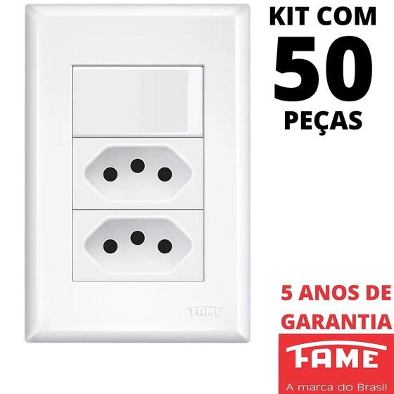 Imagem de 50un Interruptor Paralelo Three Way 16A e Tomada Dupla Padrão 2P+T 20A Com Placa Evidence FAME