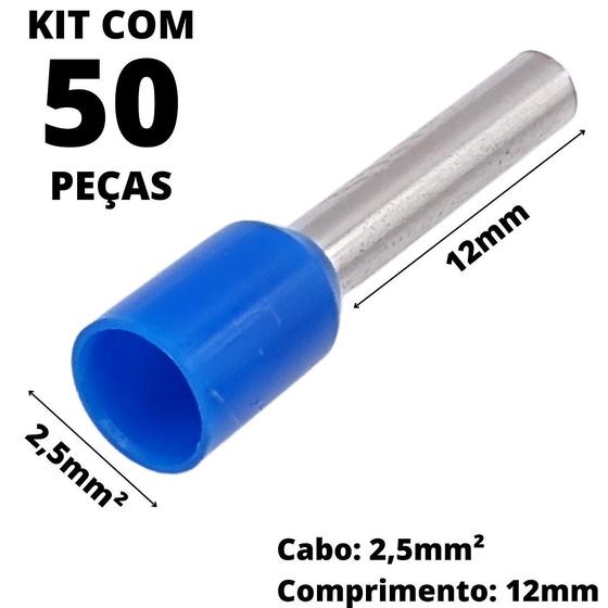 Imagem de 50un Terminal Tubular Ilhós Pré-isolado Simples Para Cabo de 2,5mm² Metal 12mm Azul E2512