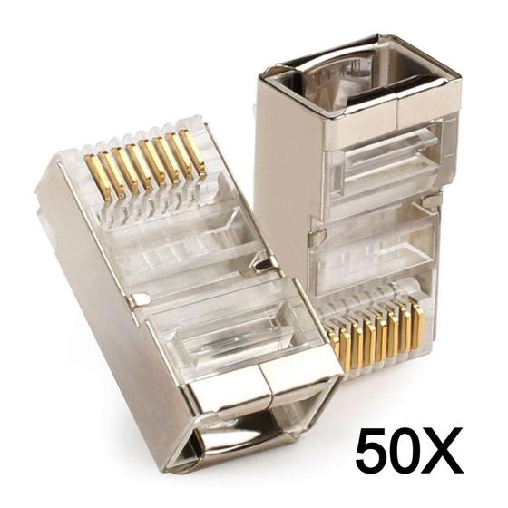 Imagem de 50x Conector RJ45 Cat6 Blindado Macho Plug Rede Gigabit Lan