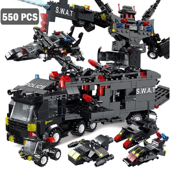 Imagem de 550 peças blocos de montar polícia / swat, mega caminhão, mega robô, mega avião + veículos