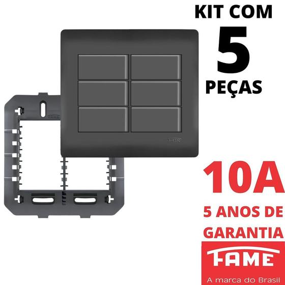 Imagem de 5un Interruptor Paralelo Three Way 10A 6 Teclas Com Placa 4x4 Habitat Black FAME
