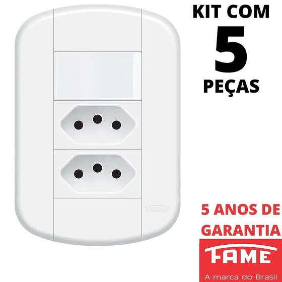 Imagem de 5un Interruptor Simples 16A e Tomada Dupla Padrão 2P+T 20A Com Placa Blanc Mais FAME