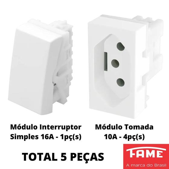 Imagem de 5un Módulo Interruptor Simples 16A e Tomada Padrão 2P+T 10A Modulare Evidence Blanc Mais FAME
