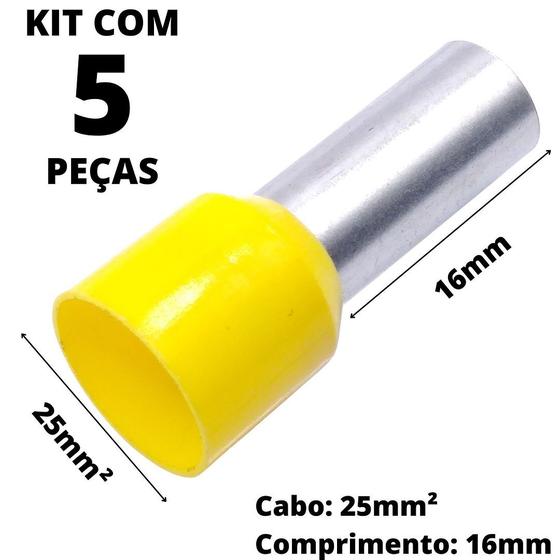 Imagem de 5un Terminal Tubular Ilhós Pré-isolado Simples Para Cabo de 25mm² Metal 16mm Amarelo E25-16