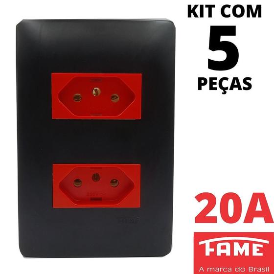 Imagem de 5un Tomada Padrão Dupla 2P+T 20A Vermelha Com Placa Habitat Black FAME