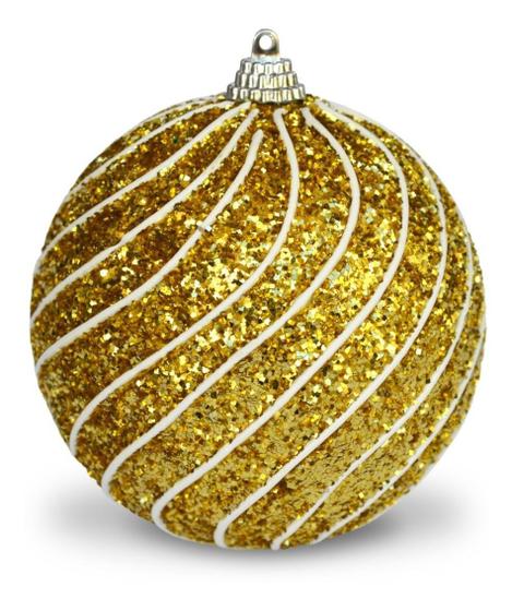 Imagem de 6 Bolas De Natal Luxo 10cm - Ouro Glitter Ondas Brancas