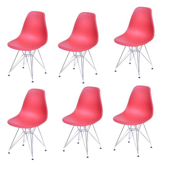 Imagem de 6 Cadeira Eames Eiffel Polipropileno Vermelha Pés Metal Decoradeira