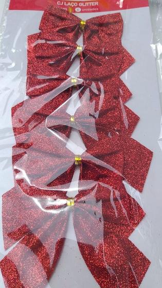 Imagem de 6 Laços Vermelho Glitter Enfeite Decorativo Natalino 7CM