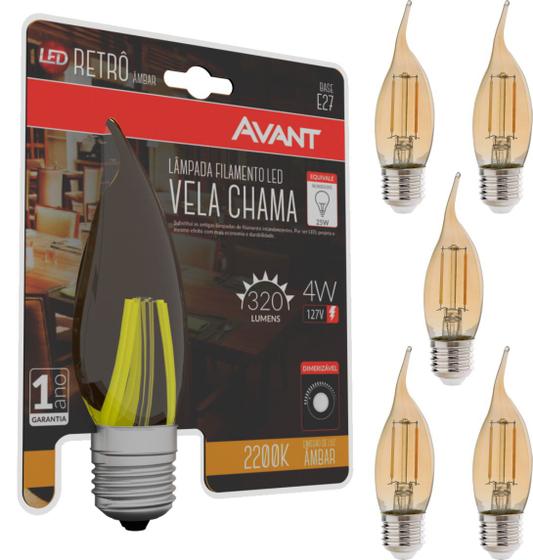 Imagem de 6 Lâmpada Vela Chama Led Filamento 4w Retrô 127v Avant Dimer