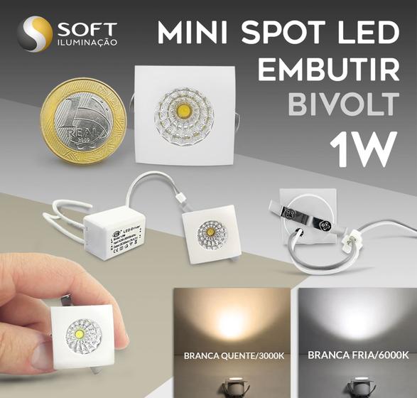 Imagem de 6 Mini Spot LED Embutir Quadrado 1W Bivolt Luz Branca Fria/6000k Nichos, Tetos, Paredes, Móveis