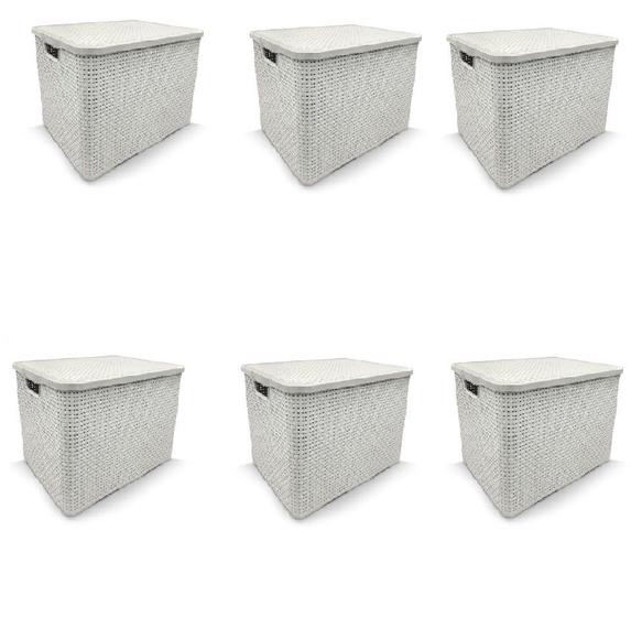 Imagem de 6 Organizadora Rattan Plástica Empilhável C/ Tampa 20l Cores