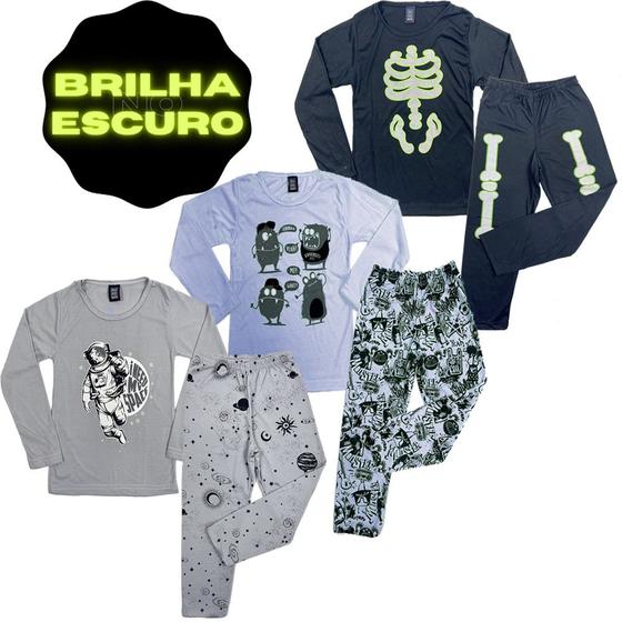 Imagem de 6 Peças de Roupas Pijamas Infantil/Juvenil Masculino 3 Camisa Manga e 3 Calças Q/ Brilha no Escuro
