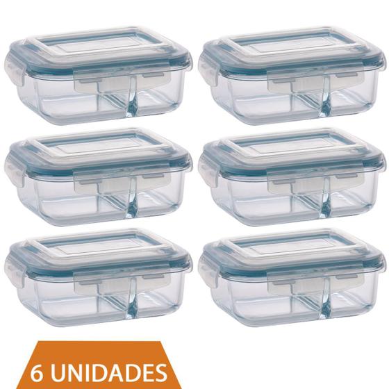 Imagem de 6 Pote de Vidro 640ml Retangular Divisória Marmita Fitness