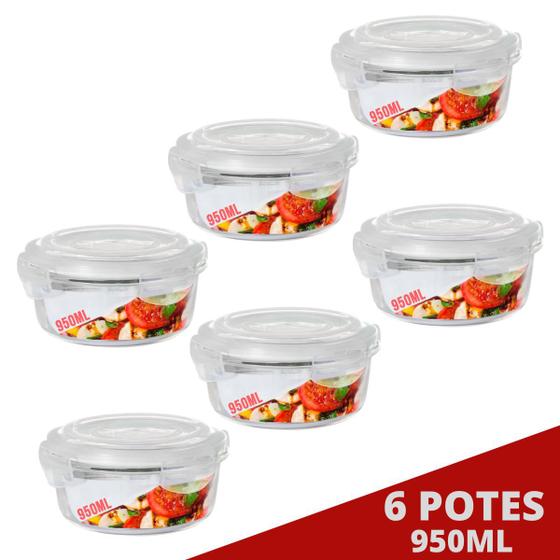 Imagem de 6 Potes Hermetico 950ml Redondo Vidro Microondas Multiuso