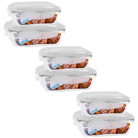 Imagem de 6 Potes Marmita Fit C/Tampa Retangular 370ml+640ml 2 Modelos