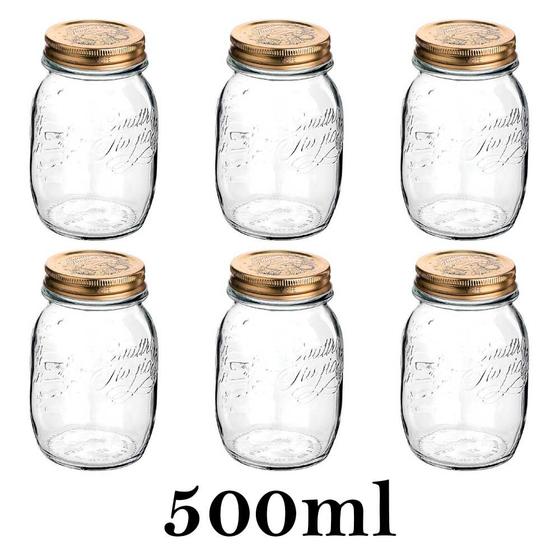 Imagem de 6 Potes Quattro Stagioni 500ml de vidro com fechamento hermético Bormioli Rocco para conservação de alimentos