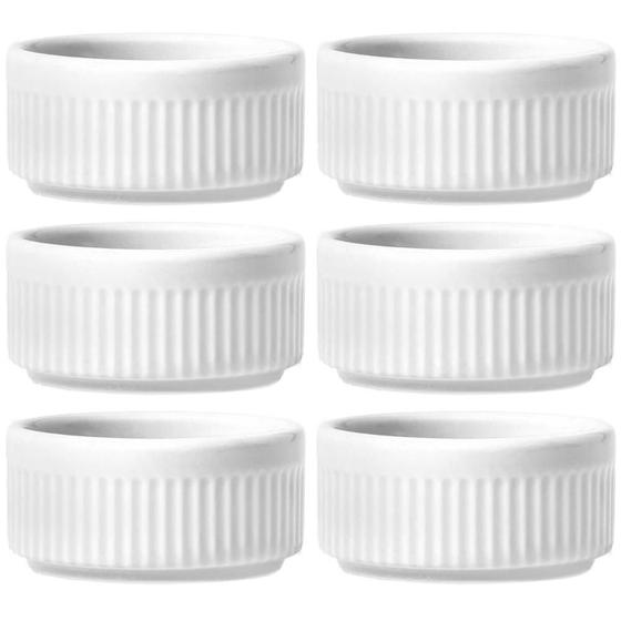 Imagem de 6 Ramekins Tigelas Porcelana 130ml Canelado Germer Branco Molhos Crème Brûlée