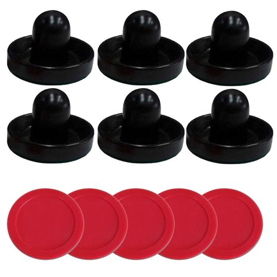 Imagem de 6 Rebatedores 9,5cm Pretos + 5 Disco 6,4cm Vermelhos De Air Game / Air Hockey