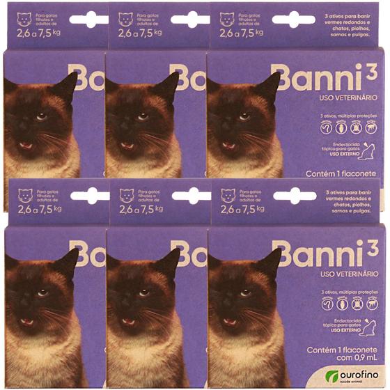 Imagem de 6 x Banni 3 Gatos até 7,5kg 0,90ml Vermes Pulgas Sarna Piolho - Ourofino Pet