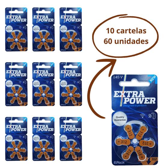 Imagem de 60 Pilhas / Baterias para Aparelho Auditivo - Extra Power - tamanho 312 (selo Marrom)