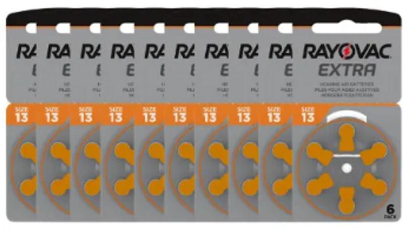 Imagem de 60 Pilhas RAYOVAC para aparelhos auditivos - Tamanho 13(selo Laranja)